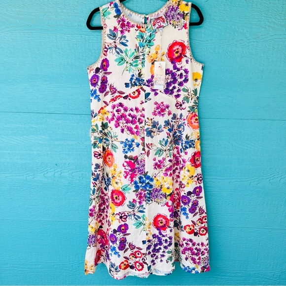 JOHNNY WAS LINEN FLORAL MIDI DRESS WITH POCKETS SIZE MEDIUM NWT - Picture 1 of 7
